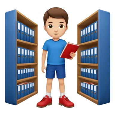 boy with blue short pants, red  short T-shirt, and brown shoes studying at the library sticker