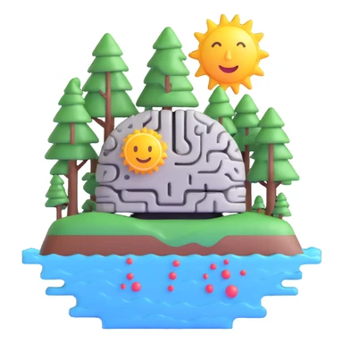 emoji combining natural resources like trees water sun and artificial intelligence robot circuit brain in a harmonious design sticker