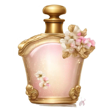 Vintage perfume bottle in antique Greek style, white, pink and beige, oil perfume inside, sequins and flowers fluttering around sticker