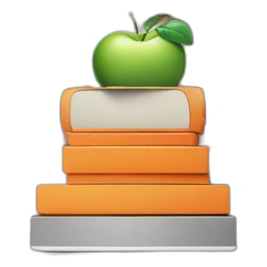 stack of macbook on top of apple on top of orange on top of brick on top of lizar sticker