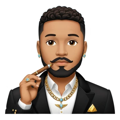 portrait of a Josh king Madrid in black with a gold private plane behind him . Wearing big sparkly diamond earrings and diamond chains on with a cigar in his mouth. Light black clean perfect lined up thin-beard . Looks unfazed cool sticker