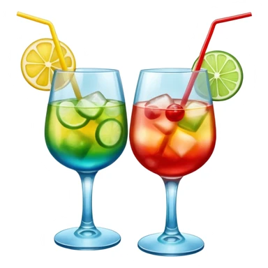 Create an emoji of two cocktails cheers action, one glass of green and yellow color and one glass of blue and red, without any fruit, make a toast asction sticker