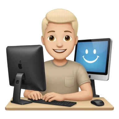 man working at computer, big smile, joyful sticker