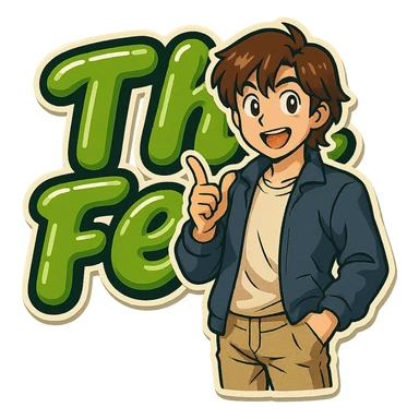 Add a brunette anime man standing in front of the green bubble letters that say 'The Fern' with a black outline. The man should have medium-length brown hair, stylish casual clothes, and an expressive anime face. Keep the rounded, glossy, energetic vibe. sticker