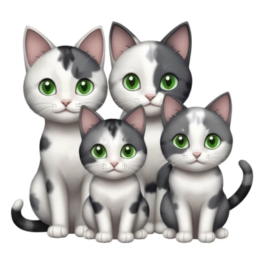 3 different coloured small cats including a dark grey and white, and a patchy calico and a completely solid dark grey with green eyes and only white paws sticker