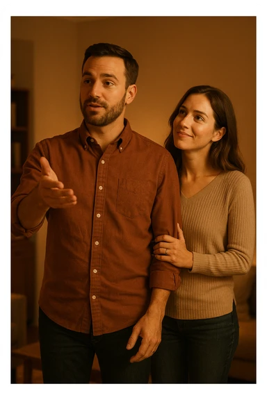 a woman stands slightly behind a man in a domestic setting, looking at him con fiducia e attesa. Il man is upright, with a confident and decisive posture, gently gesturing as if giving direction. The woman’s body language is relaxed and receptive, showing that she trusts and follows his lead. The background is warm and softly lit, emphasizing the couple’s dynamic. sticker
