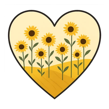 heart with a golden sunflower hill, clean digital illustration sticker