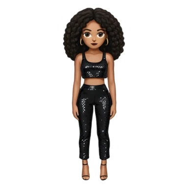 Solange with long dark brown hair, black sequin crop top, black sequin pants sticker