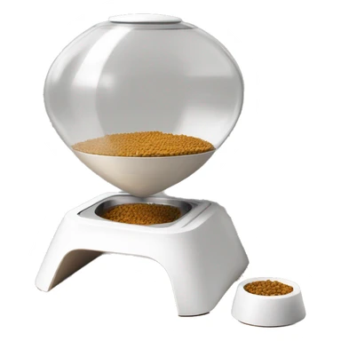 A modern, white manual pet feeder with wooden legs, a metal bowl at the bottom, a transparent front window, and a top lever for dispensing food. sticker