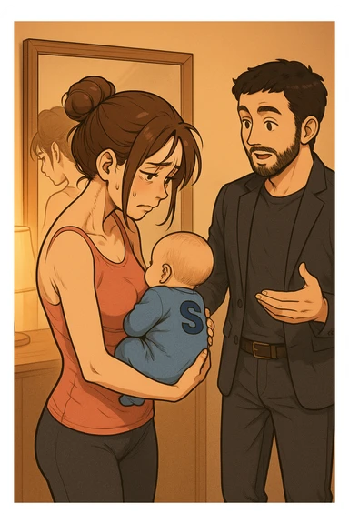 ispirati a questo stile di disegno e fai questa immagine in versione manga/webtoon a colori, il manga mostra la donna che si guarda alla specchio preoccupata di profilo con la postura sbagliata e incurvata, spalle chiuse e curve in avanti, con un neonato in braccio con una tutina azzurra e la scritta "S" blu sulla schiena, spina dorsale storta della donna in evidenza mentre al suo fianco anche l'uomo guarda la donna riflessa nello specchio e le spiega una cosa, ma non fare i fumetti, fai come se stessero parlando sticker