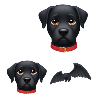 black dog, big jowls, sad puppy eyes, wings, winged dog, angel wings,red collar sticker