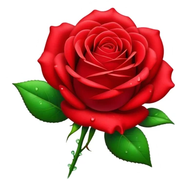 Cinematic Realistic Rose Emoji, Elegant and full of grace, with velvety, deep red petals unfurling in a perfect bloom, dew drops glistening on the soft edges, and a faint fragrance hanging in the air. The lush green leaves surround the stem, creating a vibrant contrast to the rich color of the petals. Soft glowing outline, capturing the essence of timeless beauty and romance in a single bloom. sticker