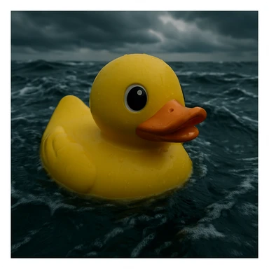 Extreme Closeup shot of Yellow duck toy on ocean during cloudy day, stormy sea, Camera from top, inspired by interstellar, shot by camera alexa 65, 35mm lens sticker
