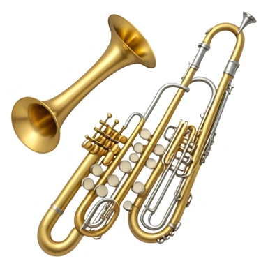 Create a simple and symbolic emoji collage representing wind instruments. Include a variety of iconic elements like the bell of a trumpet, the mouthpiece of a saxophone, and a subtle outline of a trombone. Arrange the elements in a dynamic and balanced way. Use warm metallic tones like gold, brass, and silver for the instruments, with a clean and minimalist design. The background should be transparent, focusing on the shapes and silhouettes of the instruments to convey their essence without excessive detail. sticker