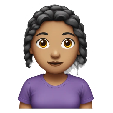 Girl with long black hair with braid wearing short purple t-shirt sticker