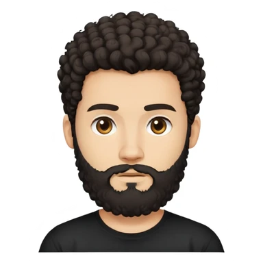 young man with light skin, thick curly dark hair, full beard, neutral expression, plain black t-shirt, front-facing, minimalistic, simplified features, clean lines, flat design sticker