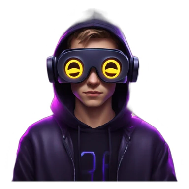 Russian young man wearing a black hoodie with "OMG" letters on it and VR headset in a cyberpunk VR environment with violet neon lighting. sticker