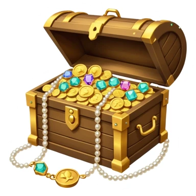 A treasure chest is slightly open and peeking out from inside are treasures: colored diamonds, gold necklaces, pearls, and gold coins. sticker