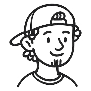 A boy with a backward cap, curly orange hair, and a goatee sticker