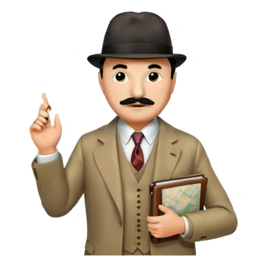 A cinematic-style frame showing Hercule Poirot in his iconic suit with a notebook in a dramatic detective pose. Background should be mysterious city, map, a board with photos of suspects, clues like fingerprints. Transparent background. sticker