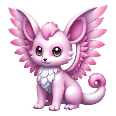 Shiny epic glittery iridescent divine white gold pink animal-fakemon-creature with head-ear-wings, cute, adorable, big eyes, fluffy tail sticker