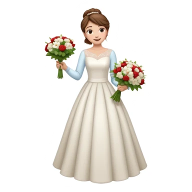 Chica blanca, cabello castaño, recogido en moño alto con mechones, vestido novia de manga larga, cuerpo entero, ramo de flores en una mano sticker
