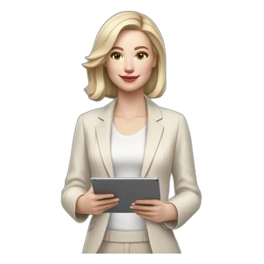 pale skin woman with ash blonde Straightened bob Hair, White Spacious classical jacket, beige palazzo Arrow pants and gray blouse holding a IPad Pro 12.9” in the hands sticker