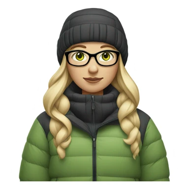 Green-eyed, fat female skier with long straight blonde hair, glasses, grey snow jacket, long black pants, black only snow boots standing tall. sticker