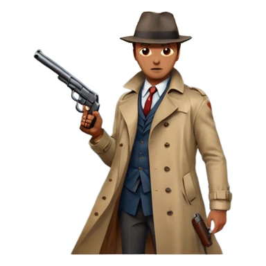 A vintage movie poster-style design featuring a close-up of a detective holding a gun on a dark London street. Full moon overhead, with blood splatter or stencil marks on the asphalt. The design should evoke a noir atmosphere, with retro cinematic typography. Transparent background. sticker