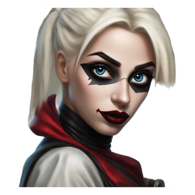 Arabic ninja in Harley Quinn style, oil paint, mysterious eyes, intricate lips, masterpiece portrait, odd perspective, beautiful, desirable, logical sticker