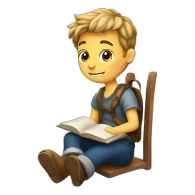 european boy seats with a book sticker