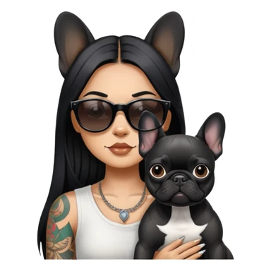 girl with long black  straight hair and tattoos and Wearing sunglasses and a black French bulldog sticker