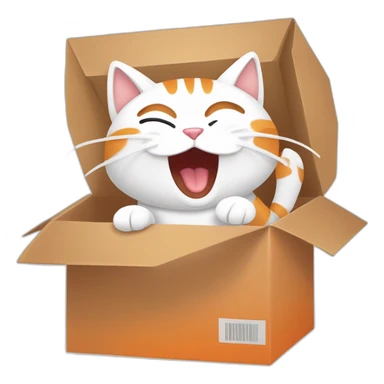 Cartoon art, a cat inside a box, yawning or stretching, simple lines, bright colors, white background, orange, white, and brown colors sticker