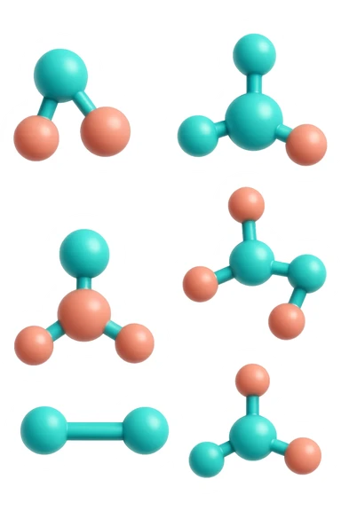 emoji 3d stile iphone di cinque molecole chimiche turchesi e rosa salmone che fluttuano in aria 3d sticker