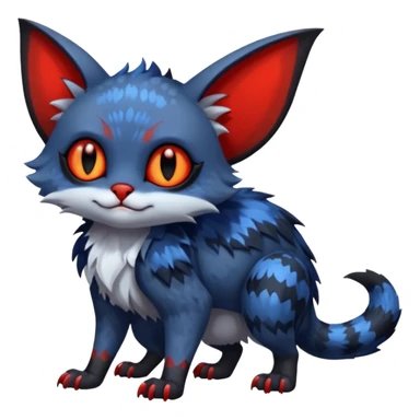 Shiny colorful exotic midnight blue-gray-black, with red markings, white belly, scaley scaly batty feline-like quadrupedal digitigrade furry feral Bastet-Noibat-Gatomon-Garchomp-Digimon-Fakémon-Pokémon-creature (full body) sticker