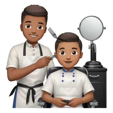 Barber cutting boys hair. Show the boy sat in black barber chair and both having smiles on their faces sticker