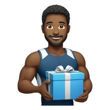 A white man in sportswear giving a gift sticker