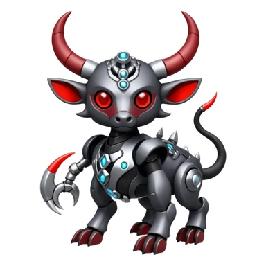 Futuristic mechanical cyborg horned modern badass cool shiny metallic alloy silver-grey obsidian-black crimson-red white animal hybrid Fakemon full body with intricate patterns sticker