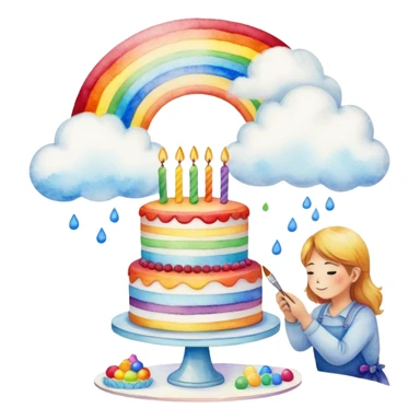 artist painting rainbow birthday cake with clouds landscape  sticker