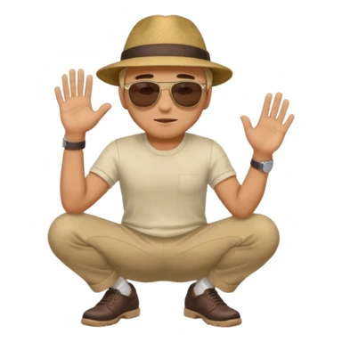 A man squatting down and holdig his hand flat a bit above the ground sticker