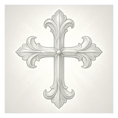 a bright grey flower cross, with ornate petal details and a radiant look sticker