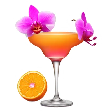 Orange cocktail with pink orchid garnish sticker