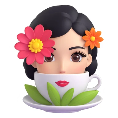 espresso cup with a glamorous lady face, long eyelashes, beauty mark, and a flower on the rim sticker