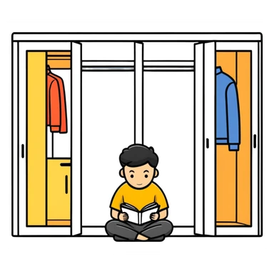 A man is sitting on the floor of an apartment. There are parts of a new wardrobe lying on the floor. An open instruction book is lying on the man's head. sticker