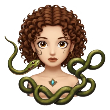 Sexy brown eyes, white skin, brown curly hair, with tattoo, mystic vibe, with snakes  sticker