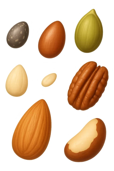 emoji stile iphone 3d di questi elementi che fluttuano in aria:

Semi di chia, lino, zucca, sesamo
Mandorle, noci pecan, noci brasiliane (porzioni limitate)

 che fluttuano sparse casualmente in aria, iperealistico 4k sticker