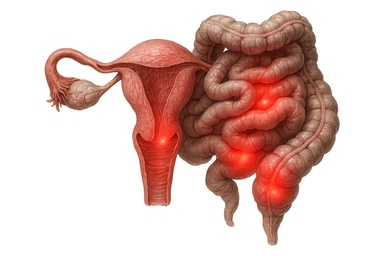 utero umano anatomico iperrealistico e intestino umano anatomico iperrealistico hanno in comune il dolore e l'infiammazione, rendi bene il collegamento tra i due organi doloranti sticker