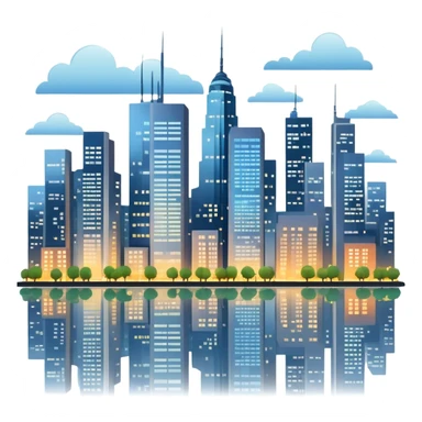 A modern cityscape with tall buildings, skyscrapers, and windows lit up, representing an urban environment full of life and activity sticker