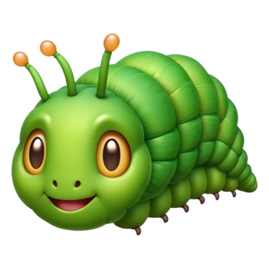 Cinematic Realistic Cute Caterpillar Portrait Emoji, Head tilted playfully and inquisitively, featuring a compact, segmented body in bright, vibrant green with delicate, inviting textures and a charming, rounded face with sparkling eyes full of curiosity, rendered with lifelike detail and natural highlights, high shine, affectionate and spirited, styled with a touch of garden whimsy, soft glowing outline, capturing the essence of a mischievous yet lovable caterpillar that seems poised to crawl cheerfully into your arms! sticker