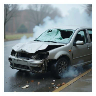 a badly damaged car, crumpled and dented, broken windows, smoke rising, realistic details sticker